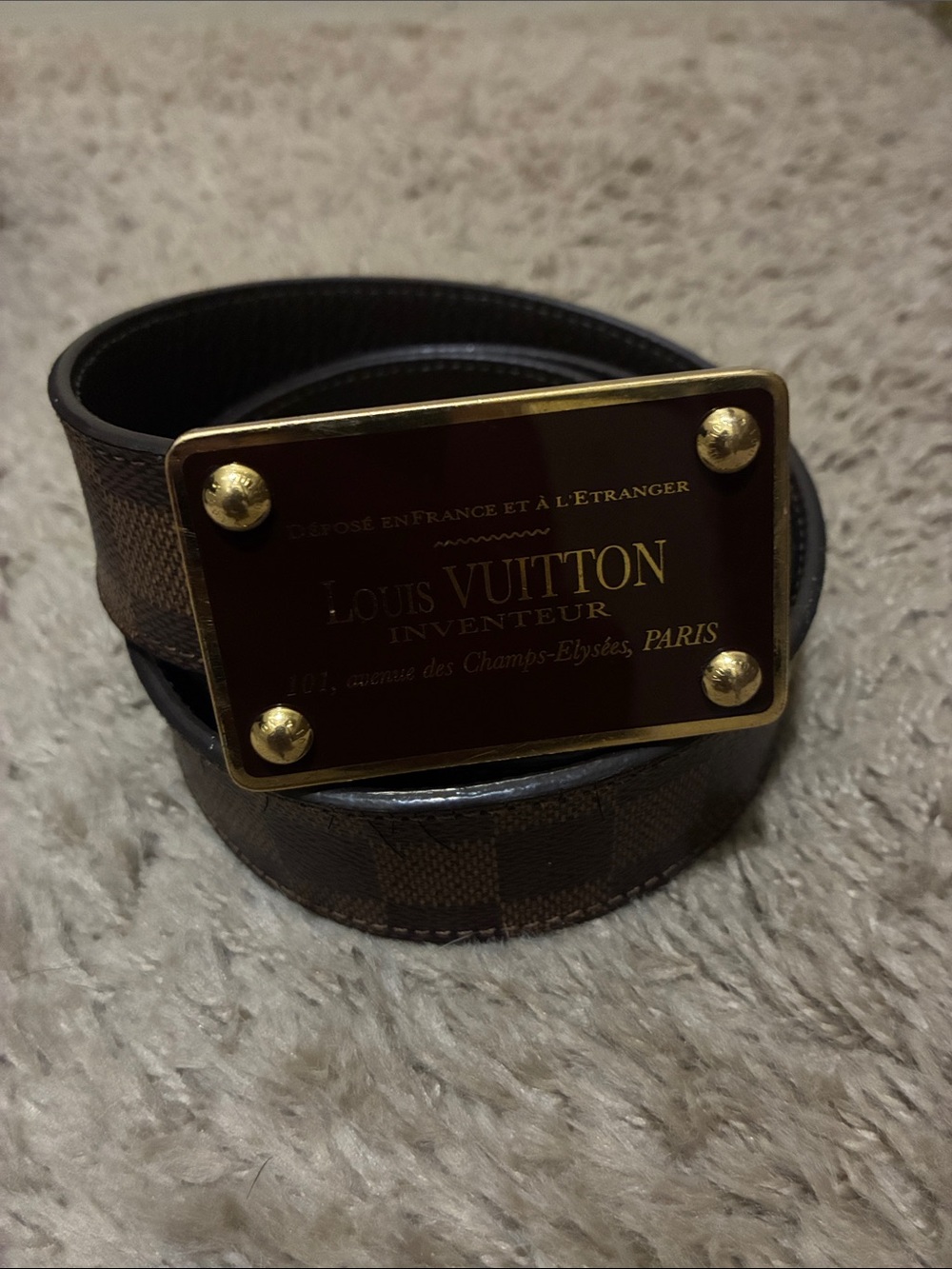 Louis Vuitton Brown Monogram Plaque Belt with Gold Plate